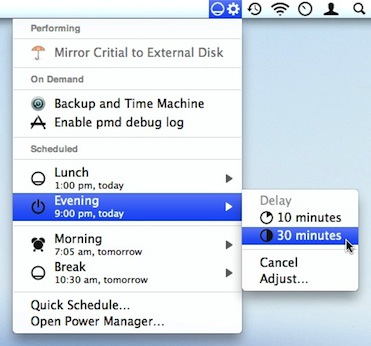 Power Manager&rsquo;s status menu showing a performing event and adjustments