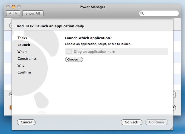 Power Manager can launch applications, open documents, and run scripts