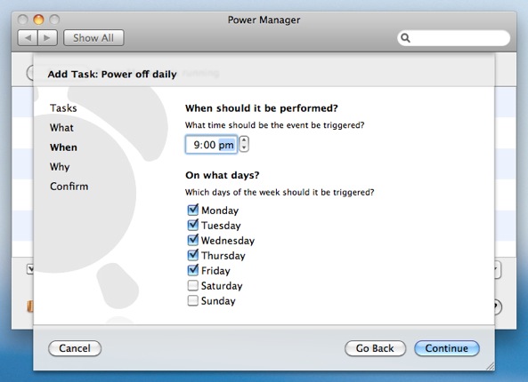 Adjust the time and days of the Power Manager sleep event.