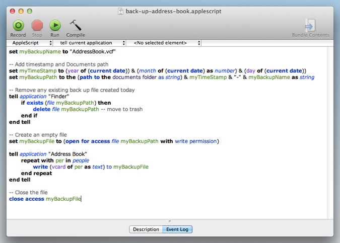 AppleScript to back up Address Book on Mac OS X