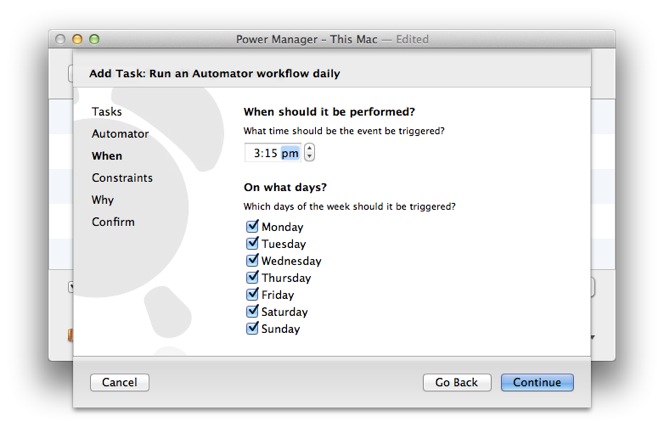 Adjust the time and weekdays to run the Automator workflow