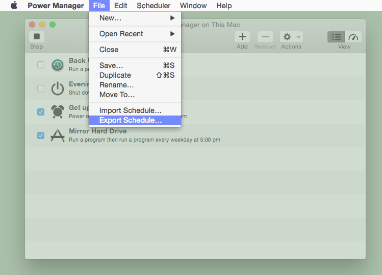 Screenshot showing Power Manager&rsquo;s Export Schedule menu item