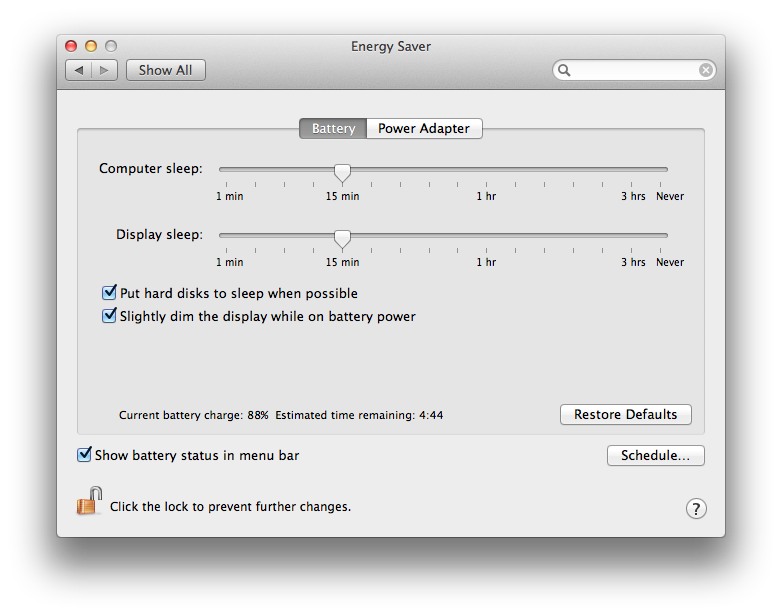 Energy Saver on a laptop computer running macOS