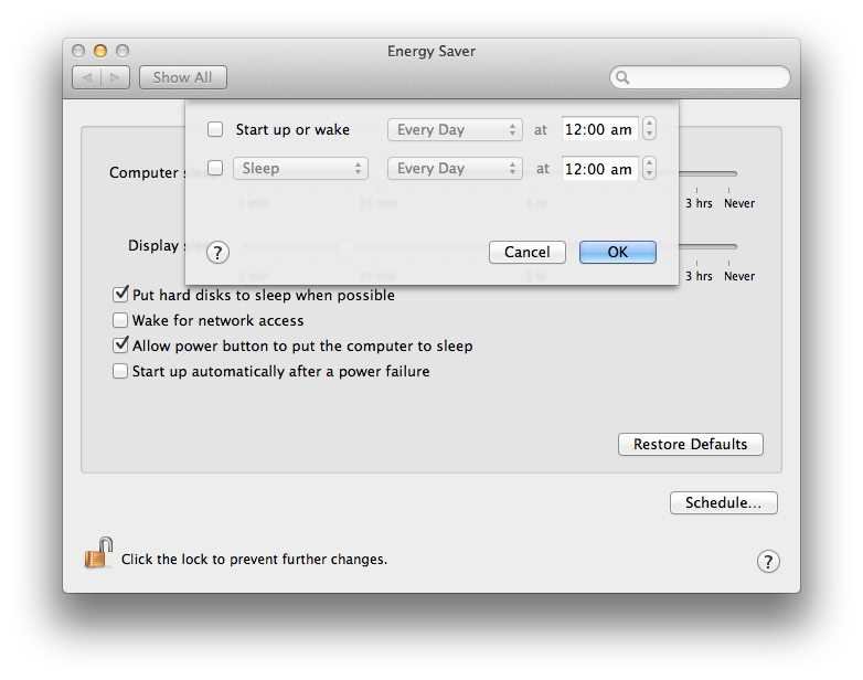 Schedule panel within Energy Saver on macOS