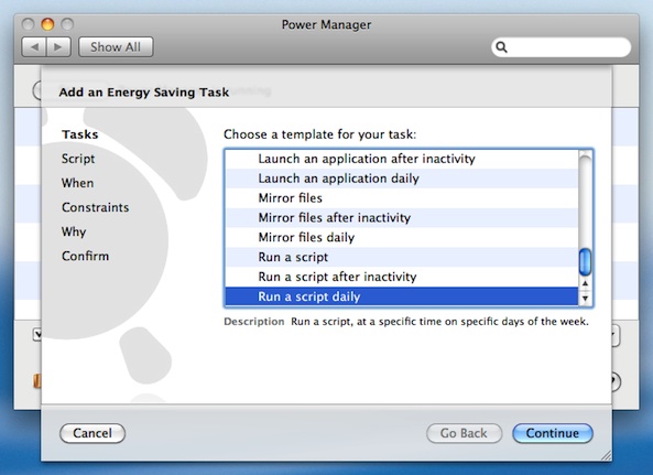 Choose the "Run a script daily" task from Power Manager's Schedule Assistant