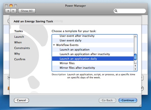 Choose the "Launch an application daily" task from Power Manager's Schedule Assistant