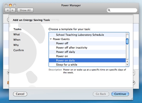 Select "Power on daily" in the Schedule Assistant
