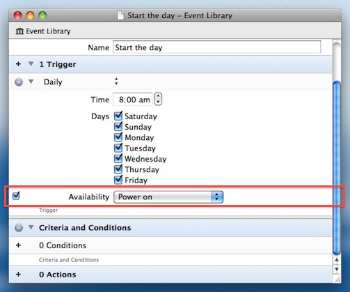 Power Manager Professional&rsquo;s event editor showing the optional availability field