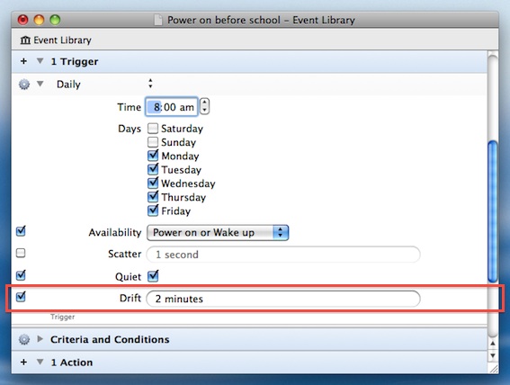 Power Manager Professional's event editor showing the optional drift field