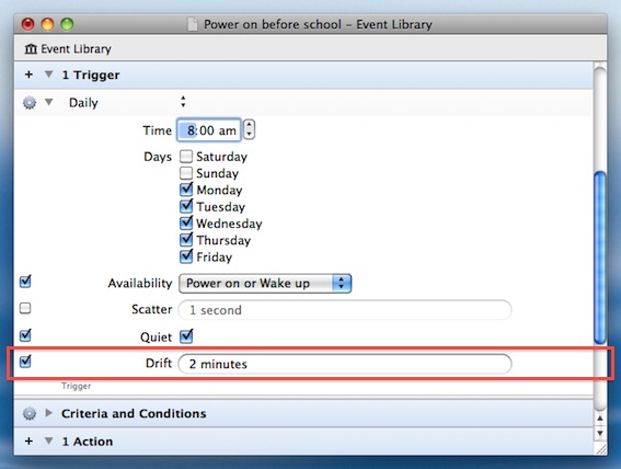 Power Manager Professional’s event editor showing the optional drift field