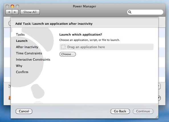 Choose your application, document, or script to launch after inactivity.