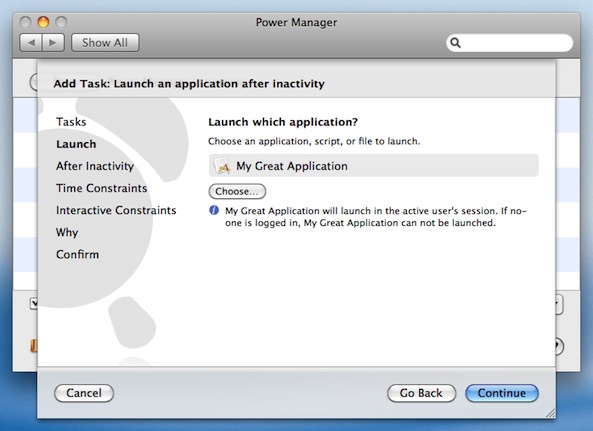 Power Manager can launch Mac OS X programs, documents, or scripts.