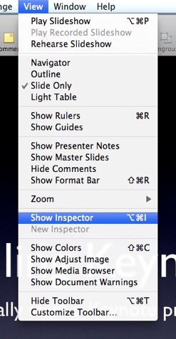 Select View > Show Inspector within Keynote