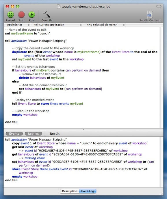 AppleScript Editor - Power Manager is fully AppleScriptable