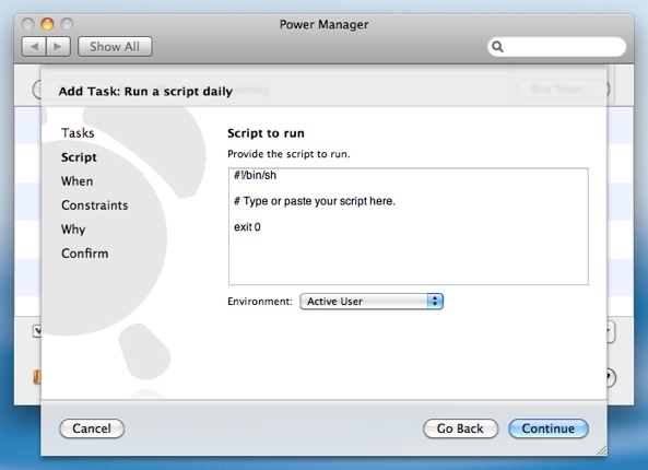 Power Manager supports embedding AppleScripts