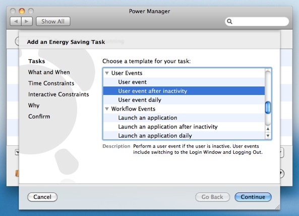 Select the User event after inactivity task in the Schedule Assistant
