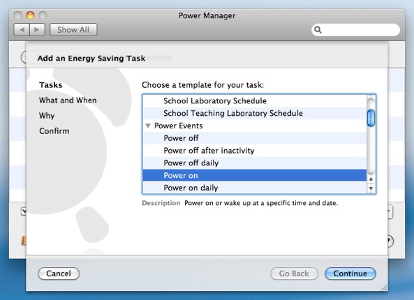 Select the Power On template in the Schedule Assistant