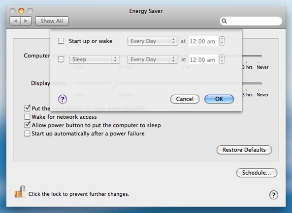 Mac OS X's built-in Energy Saver Schedule