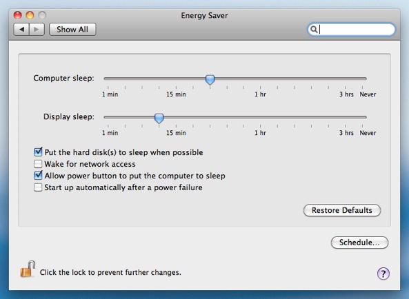 Mac OS X's Energy Saver System Preference panel