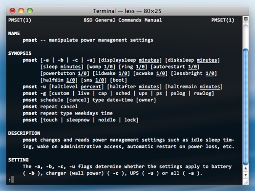 pmset’s manual in Mac OS X’s Terminal