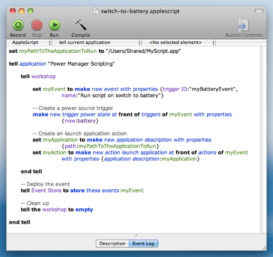 AppleScript to create a battery triggered Power Manager event.