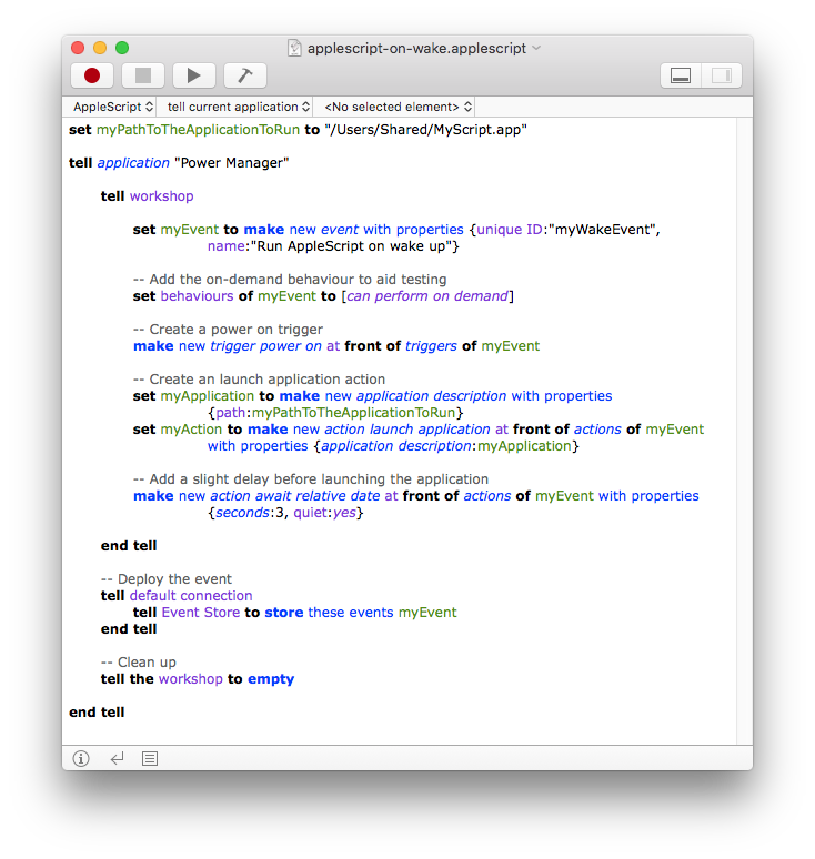 An AppleScript for creating a wake trigger event in Power Manager.