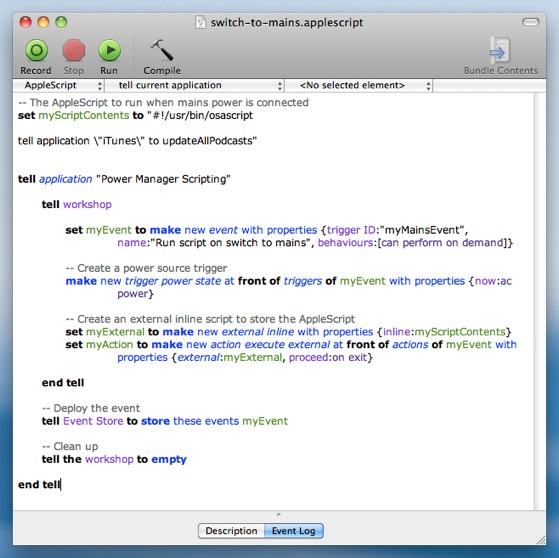 AppleScript to create a mains power triggered Power Manager event.