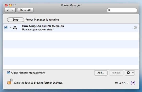 Power Manager showing a mains power triggered event.