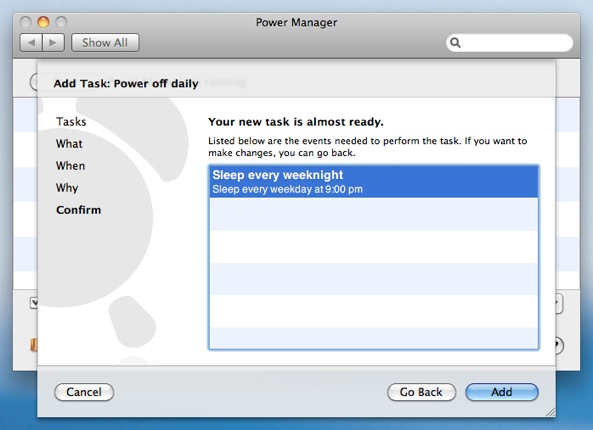 Confirm the creation of your new Power Manager event.