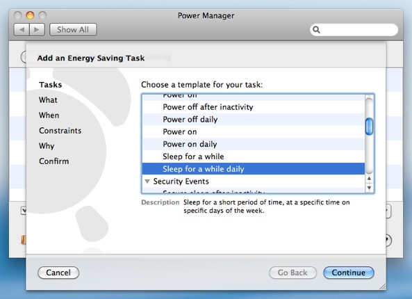 Select the Sleep for a while daily Power Manager template.