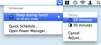 The single event representing both sleep and wake appears in the Power Manager status menu bar.