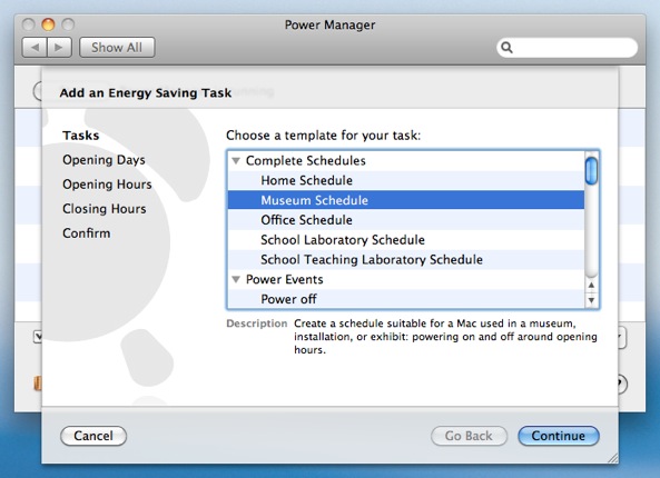 Choose the Museum Schedule energy saving task.