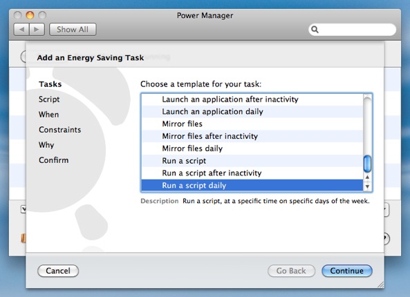Select the Run a script daily Power Manager task.