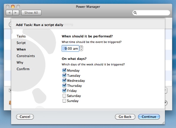 Adjust the time and days when the Automator workflow should be performed.