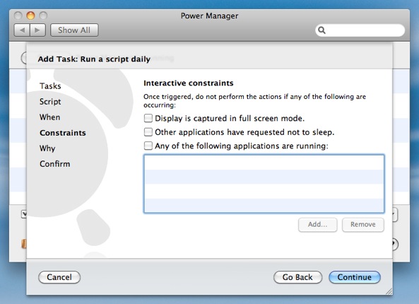 Continue through the Power Manager Constraints steps.