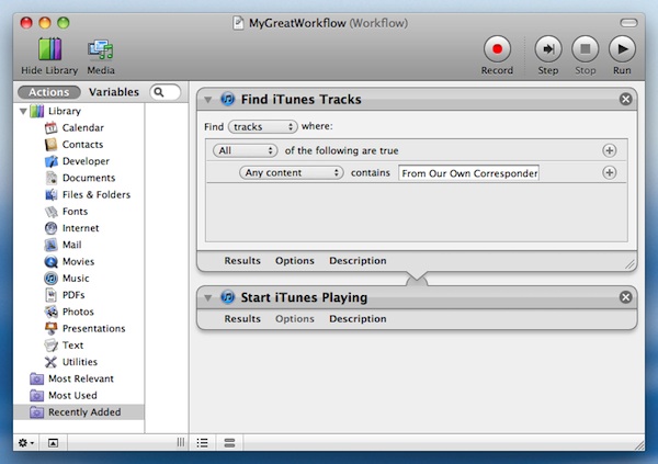 An example Mac OS X Automator workflow.