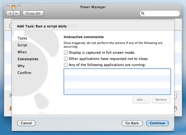 Continue passed the Power Manager Constraints steps.