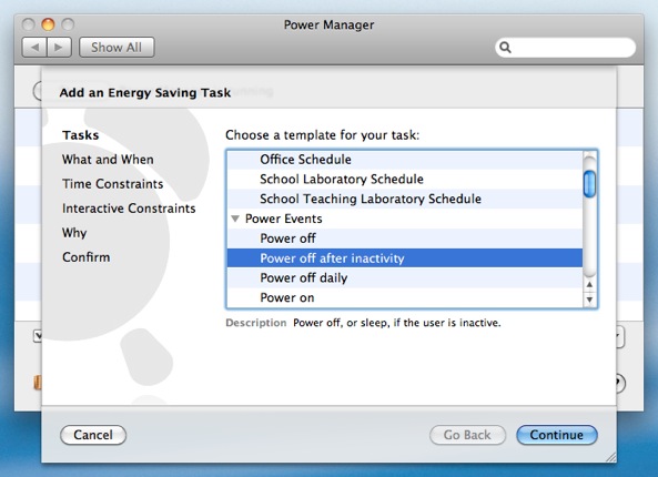 Select the Power off after inactivity Power Manager task.