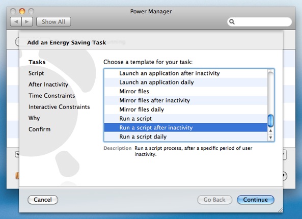 Select the Run a script after inactivity Power Manager task.