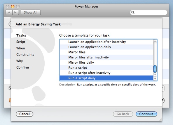 Select Run a script daily in the Power Manager Schedule Assistant.