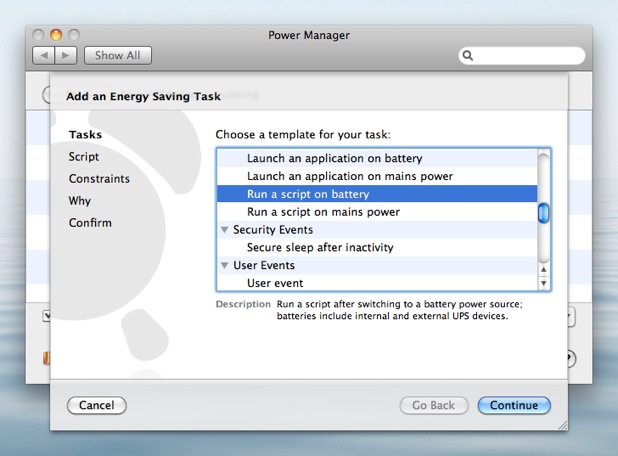 Choose the template Run a script on battery.