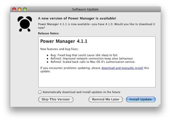 Power Manager includes an automatic software update feature