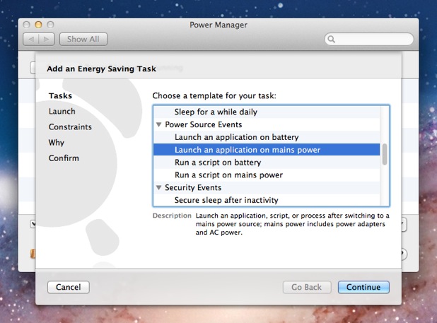 Select the Launch an application on mains power task