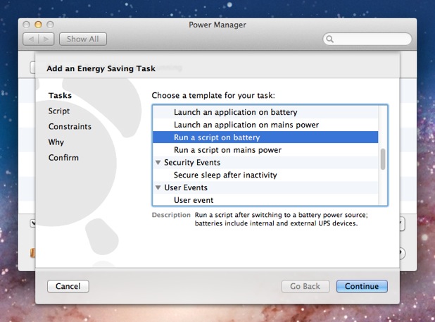 Select the Run a script on battery task template