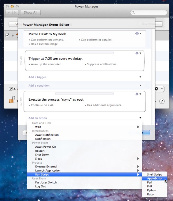 Add a new Run Script action to the Power Manager event.