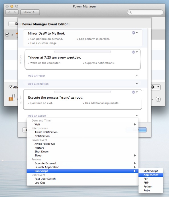 Add a new Run Script action to the Power Manager event.