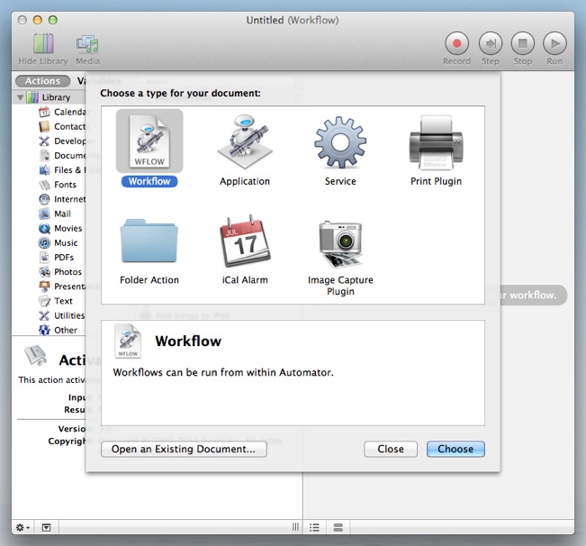 Create a new workflow in Automator