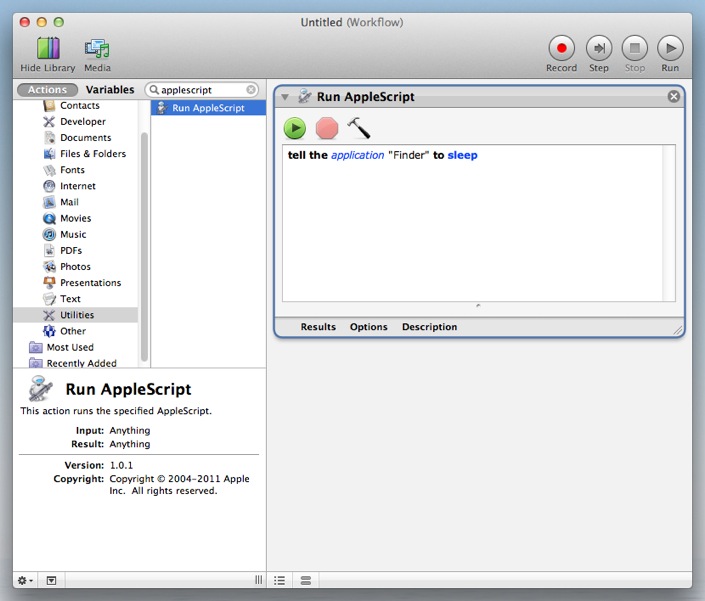 Add an AppleScript action to make your Mac sleep