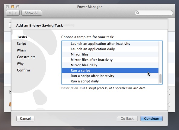 Select the Run a Script task in the Schedule Assistant