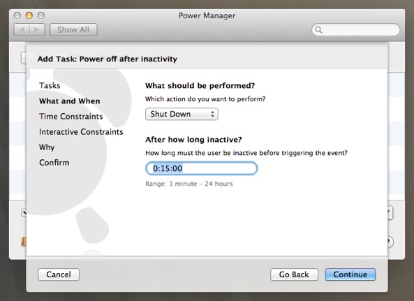 Adjust the event’s action and inactivity duration.